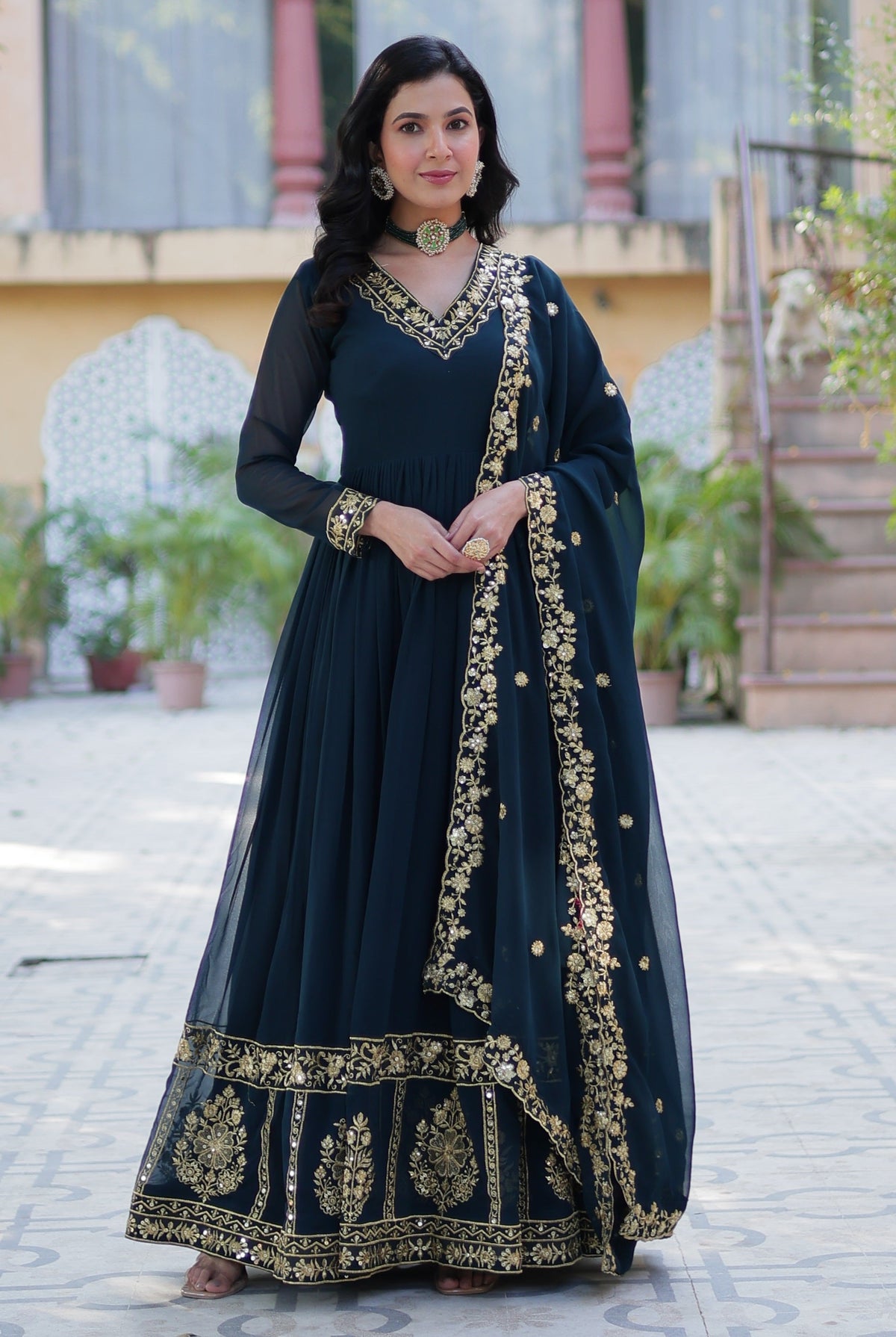 Vedant Vastram Heavy Embroidery & Sequins Work Pure Georgette Gown With Dupatta - Rama Blue | Grocsy