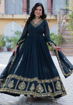 Vedant Vastram Heavy Embroidery & Sequins Work Pure Georgette Gown With Dupatta - Rama Blue | Grocsy