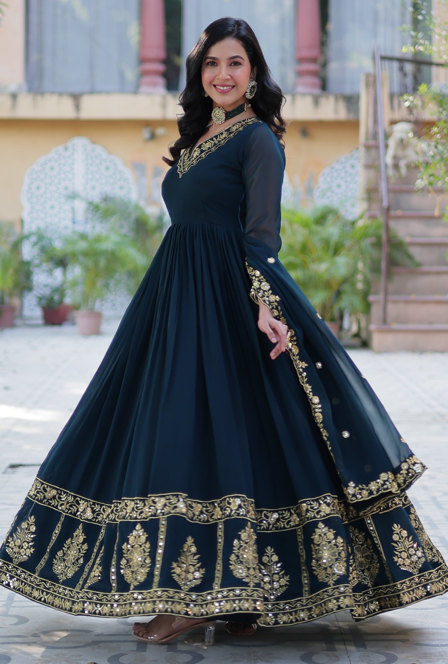 Vedant Vastram Heavy Embroidery & Sequins Work Pure Georgette Gown With Dupatta - Rama Blue | Grocsy