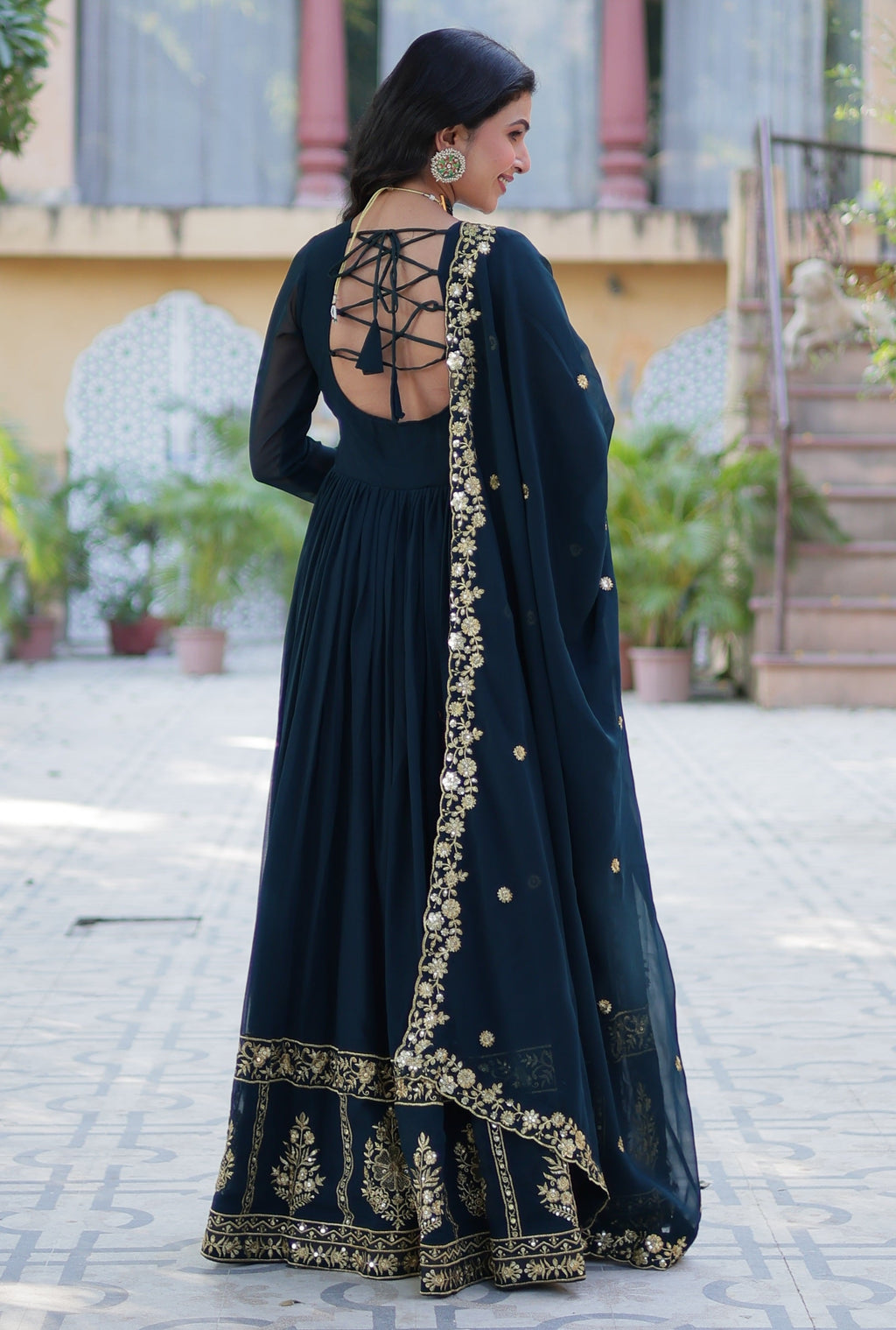 Vedant Vastram Heavy Embroidery & Sequins Work Pure Georgette Gown With Dupatta - Rama Blue | Grocsy