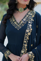 Vedant Vastram Heavy Embroidery & Sequins Work Pure Georgette Gown With Dupatta - Rama Blue | Grocsy