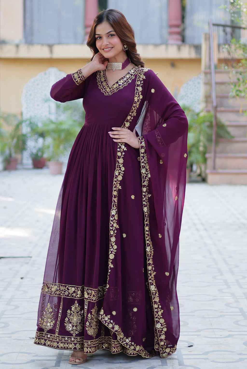 Vedant Vastram Heavy Embroidery & Sequins Work Pure Georgette Gown With Dupatta - Wine | Grocsy