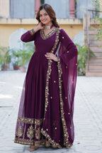 Vedant Vastram Heavy Embroidery & Sequins Work Pure Georgette Gown With Dupatta - Wine | Grocsy