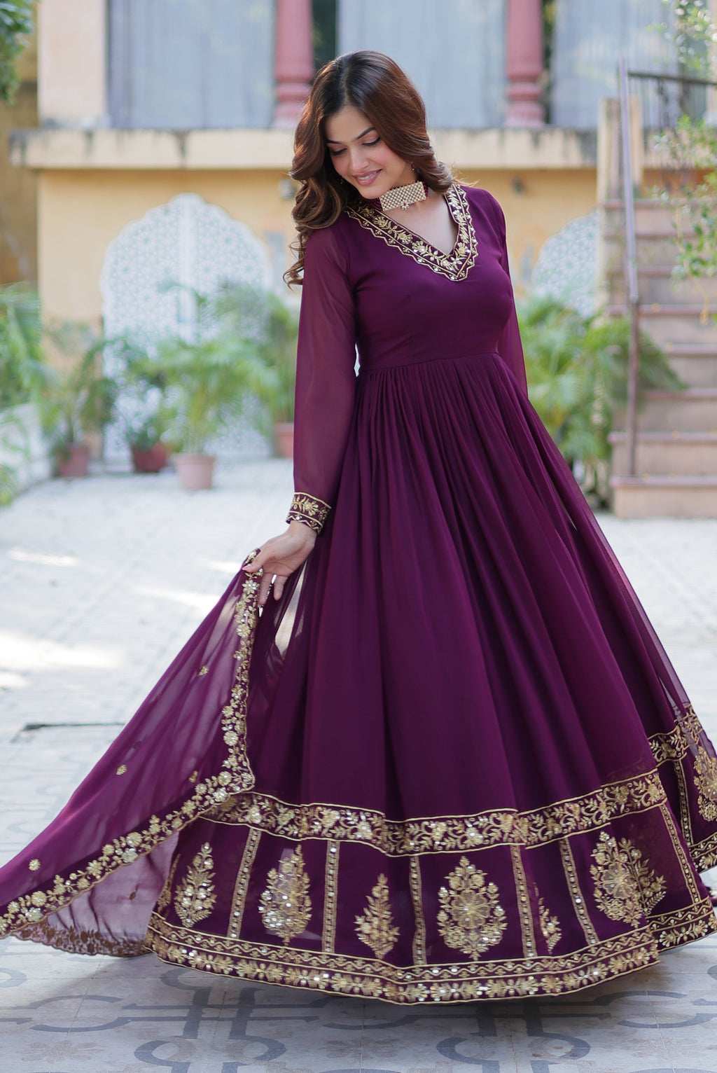 Vedant Vastram Heavy Embroidery & Sequins Work Pure Georgette Gown With Dupatta - Wine | Grocsy