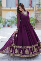 Vedant Vastram Heavy Embroidery & Sequins Work Pure Georgette Gown With Dupatta - Wine | Grocsy