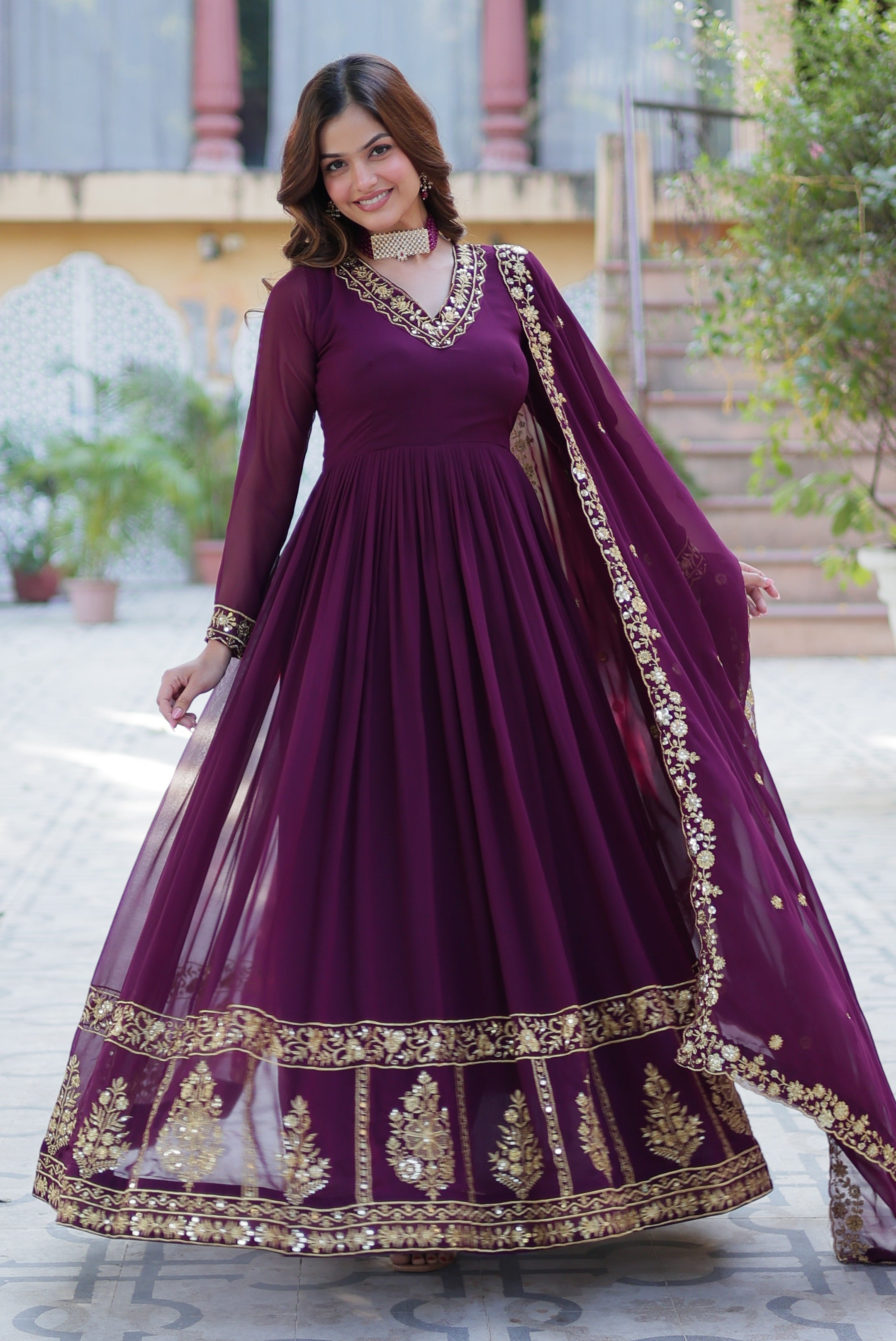 Vedant Vastram Heavy Embroidery & Sequins Work Pure Georgette Gown With Dupatta - Wine | Grocsy