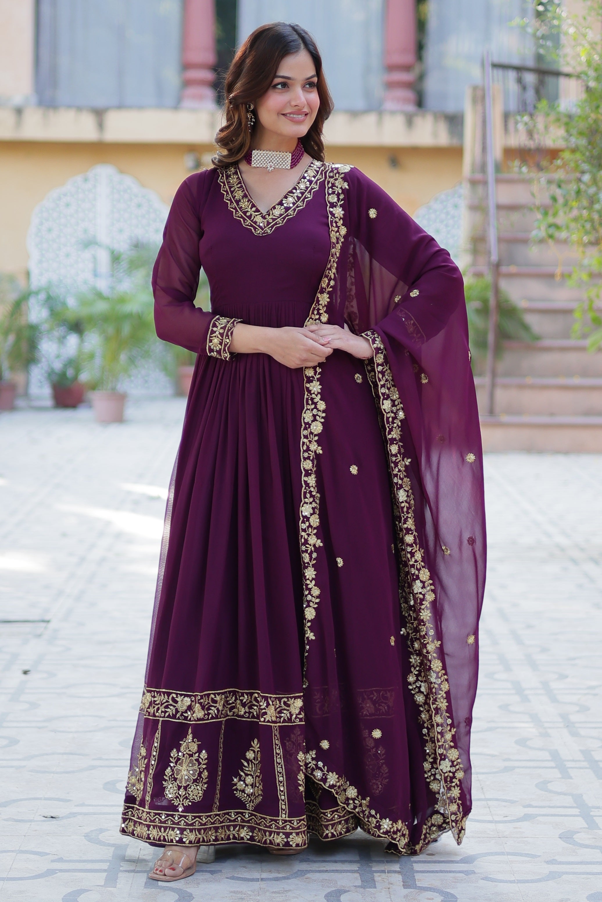 Vedant Vastram Heavy Embroidery & Sequins Work Pure Georgette Gown With Dupatta - Wine | Grocsy