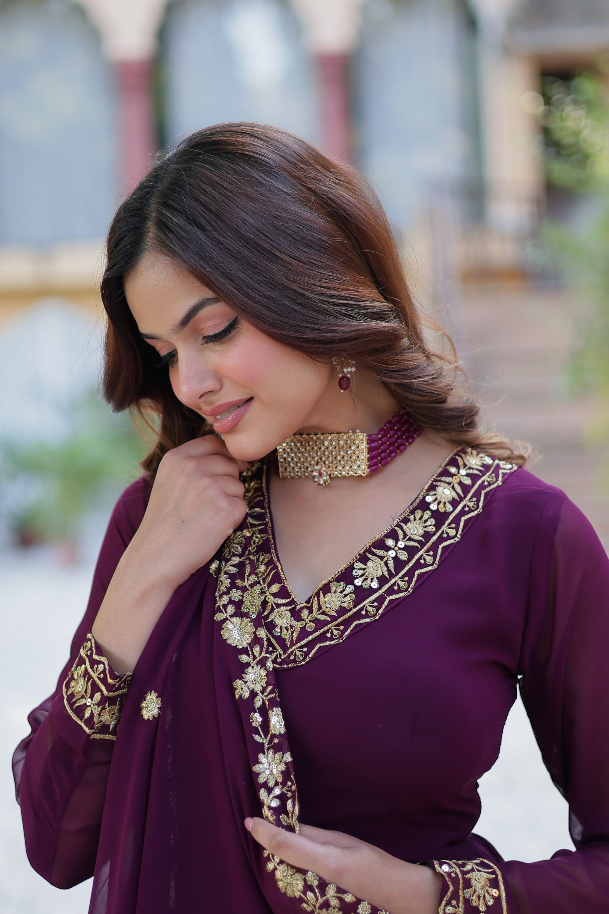 Vedant Vastram Heavy Embroidery & Sequins Work Pure Georgette Gown With Dupatta - Wine | Grocsy
