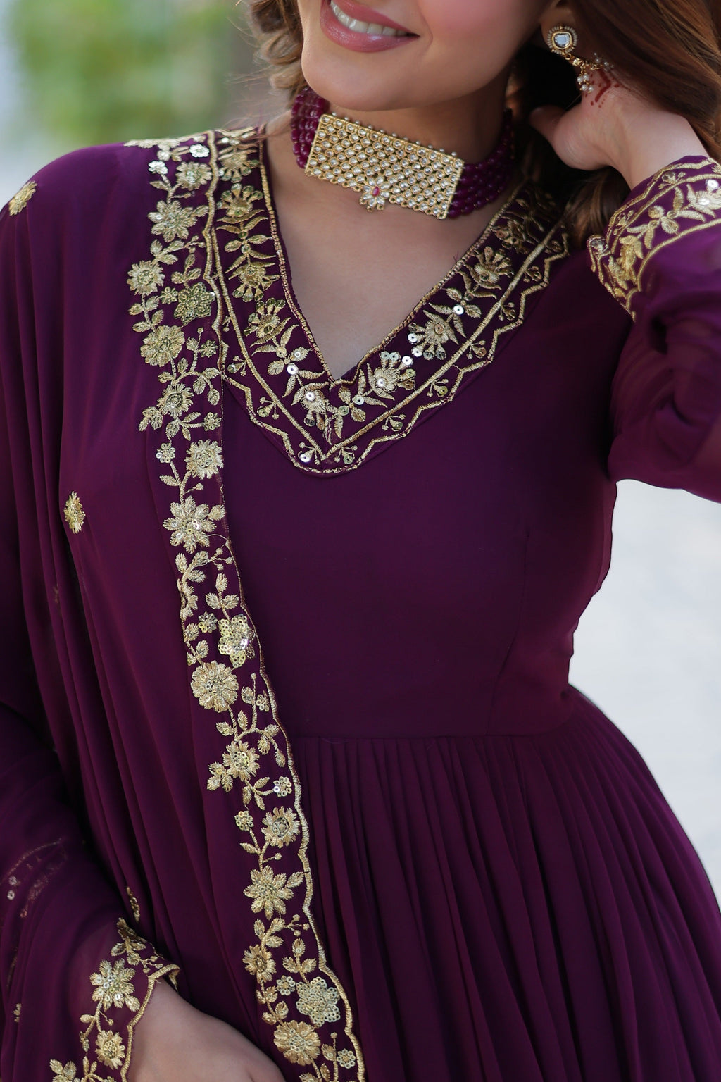 Vedant Vastram Heavy Embroidery & Sequins Work Pure Georgette Gown With Dupatta - Wine | Grocsy