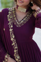 Vedant Vastram Heavy Embroidery & Sequins Work Pure Georgette Gown With Dupatta - Wine | Grocsy