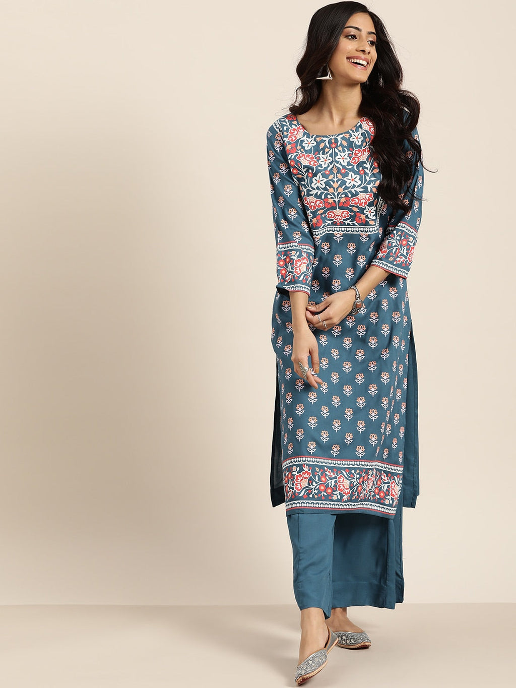 Sangria Women Teal Blue & White Printed Kurta with Palazzos | Grocsy