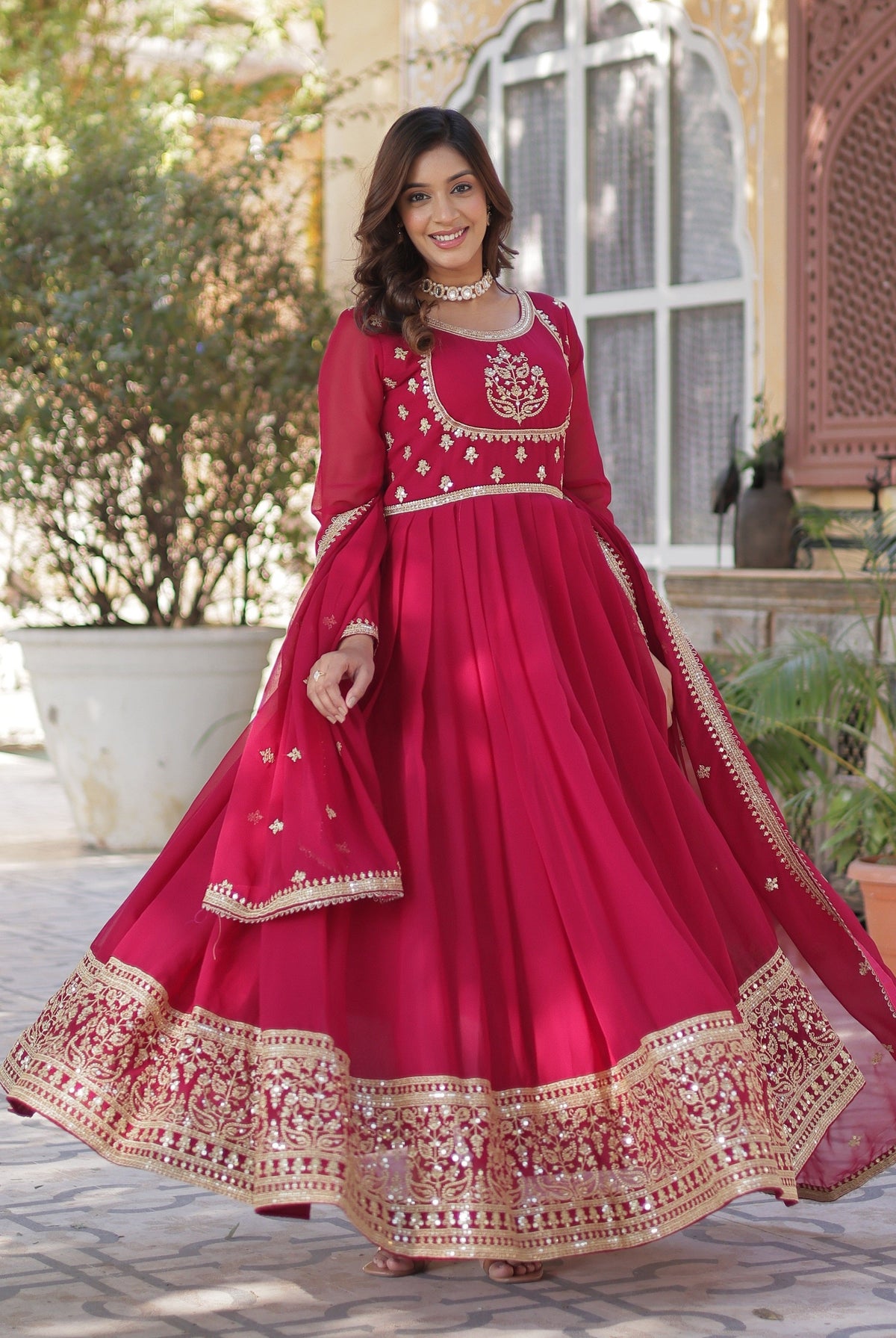 Vedant Vastram Heavy Embroidery & Sequins Work Pure Georgette Gown With Dupatta - Pink | Grocsy