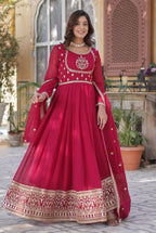 Vedant Vastram Heavy Embroidery & Sequins Work Pure Georgette Gown With Dupatta - Pink | Grocsy