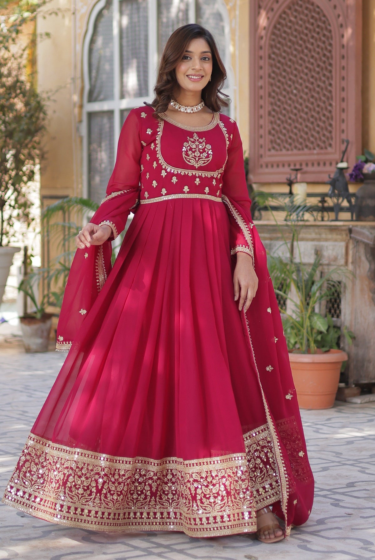 Vedant Vastram Heavy Embroidery & Sequins Work Pure Georgette Gown With Dupatta - Pink | Grocsy
