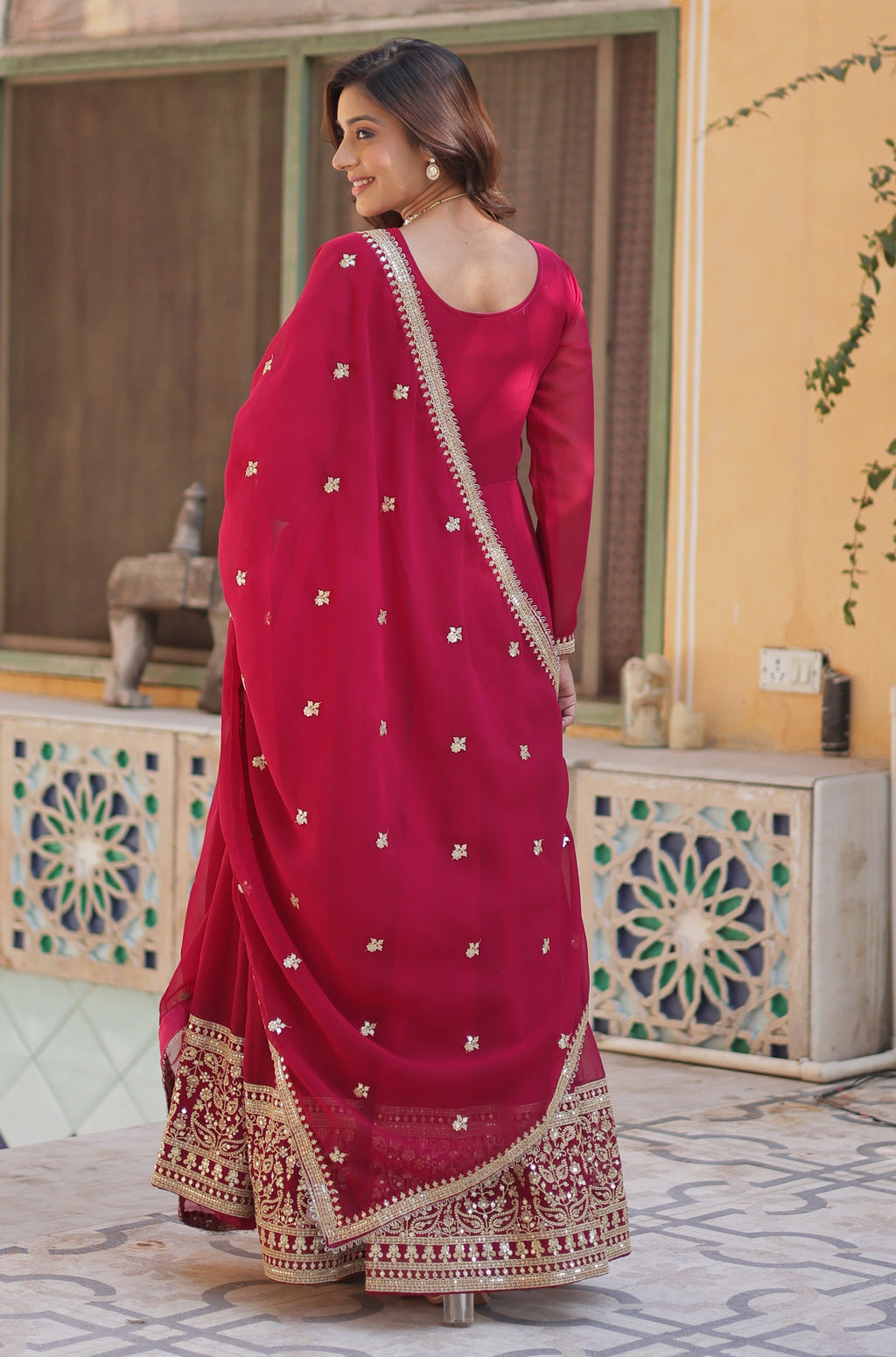 Vedant Vastram Heavy Embroidery & Sequins Work Pure Georgette Gown With Dupatta - Pink | Grocsy