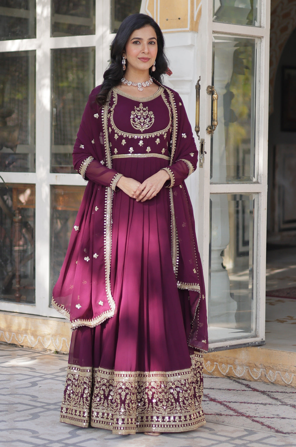 Vedant Vastram Heavy Embroidery & Sequins Work Pure Georgette Gown With Dupatta - Wine | Grocsy