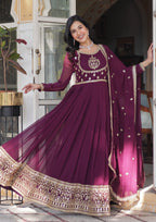 Vedant Vastram Heavy Embroidery & Sequins Work Pure Georgette Gown With Dupatta - Wine | Grocsy