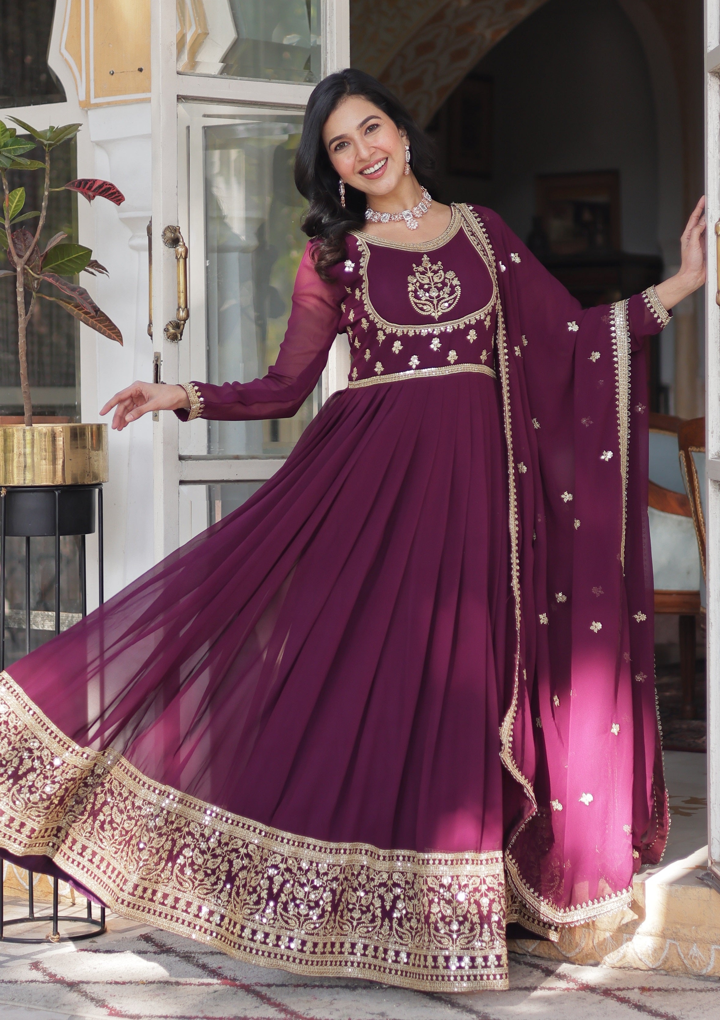 Vedant Vastram Heavy Embroidery & Sequins Work Pure Georgette Gown With Dupatta - Wine | Grocsy