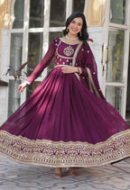 Vedant Vastram Heavy Embroidery & Sequins Work Pure Georgette Gown With Dupatta - Wine | Grocsy