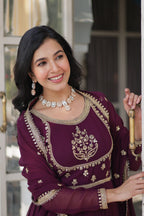 Vedant Vastram Heavy Embroidery & Sequins Work Pure Georgette Gown With Dupatta - Wine | Grocsy