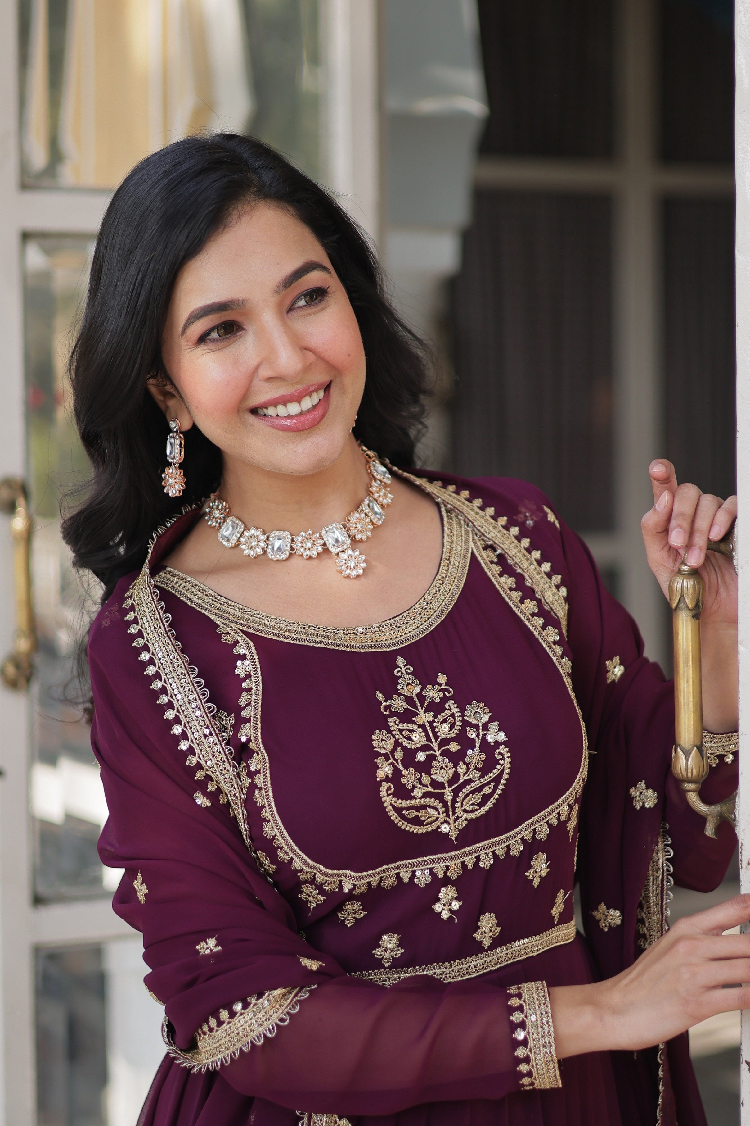 Vedant Vastram Heavy Embroidery & Sequins Work Pure Georgette Gown With Dupatta - Wine | Grocsy