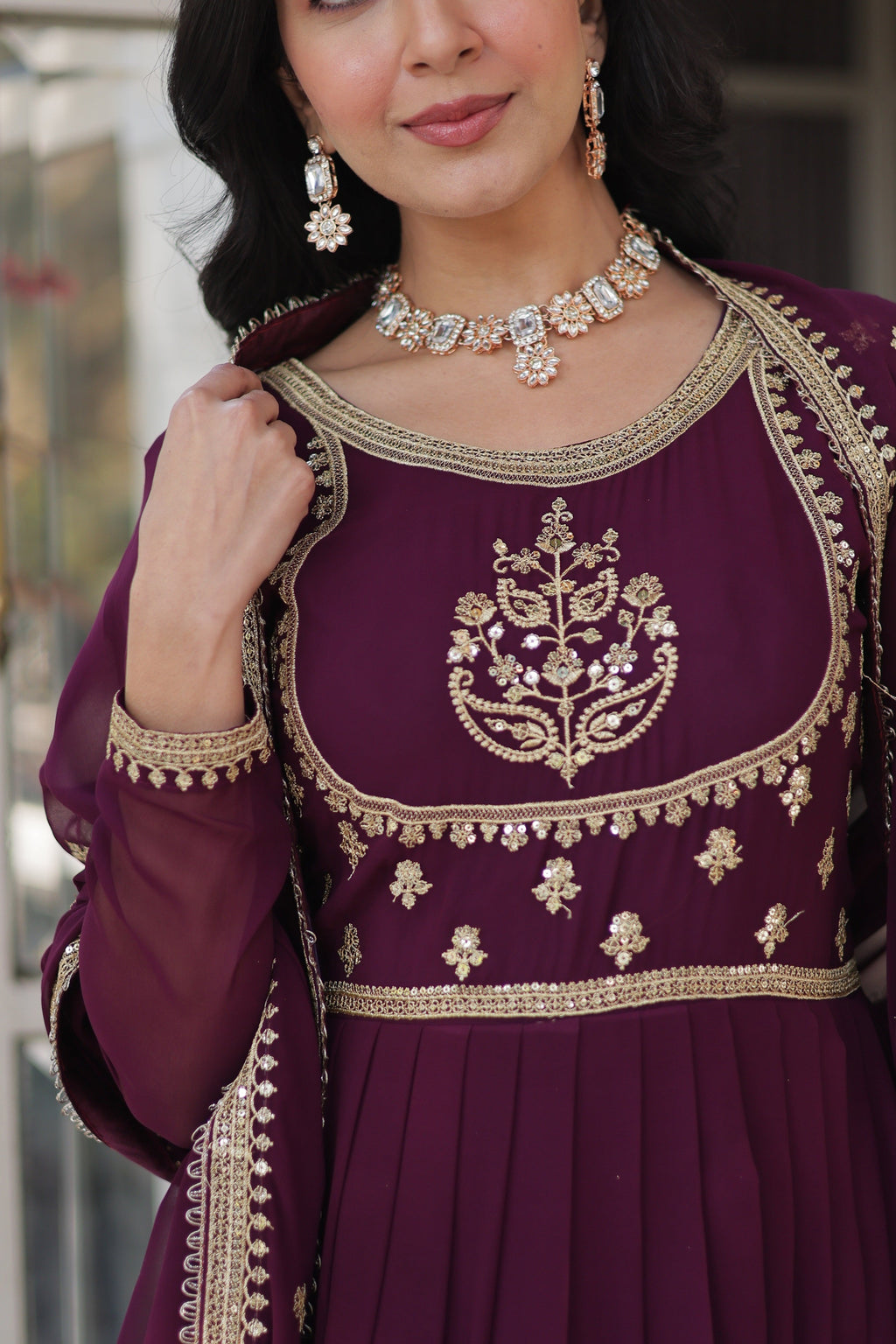 Vedant Vastram Heavy Embroidery & Sequins Work Pure Georgette Gown With Dupatta - Wine | Grocsy