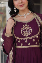 Vedant Vastram Heavy Embroidery & Sequins Work Pure Georgette Gown With Dupatta - Wine | Grocsy