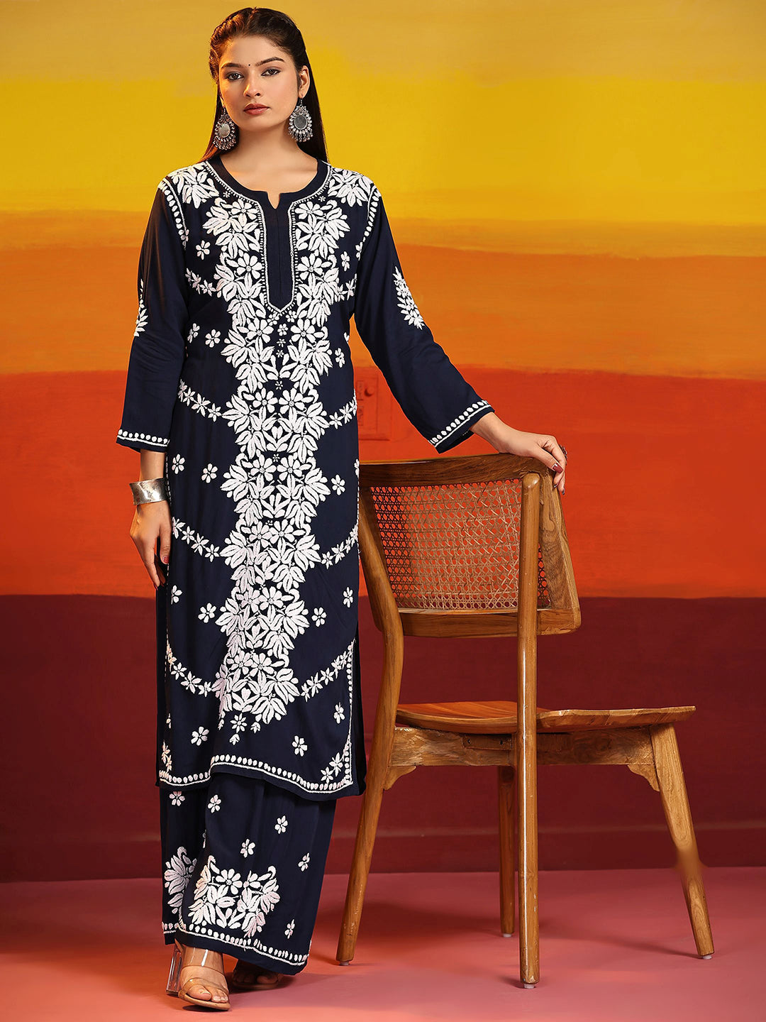 HOUSE OF KARI Ethnic Motifs Embroidered Chikankari Cotton Kurta & Palazzos | Grocsy
