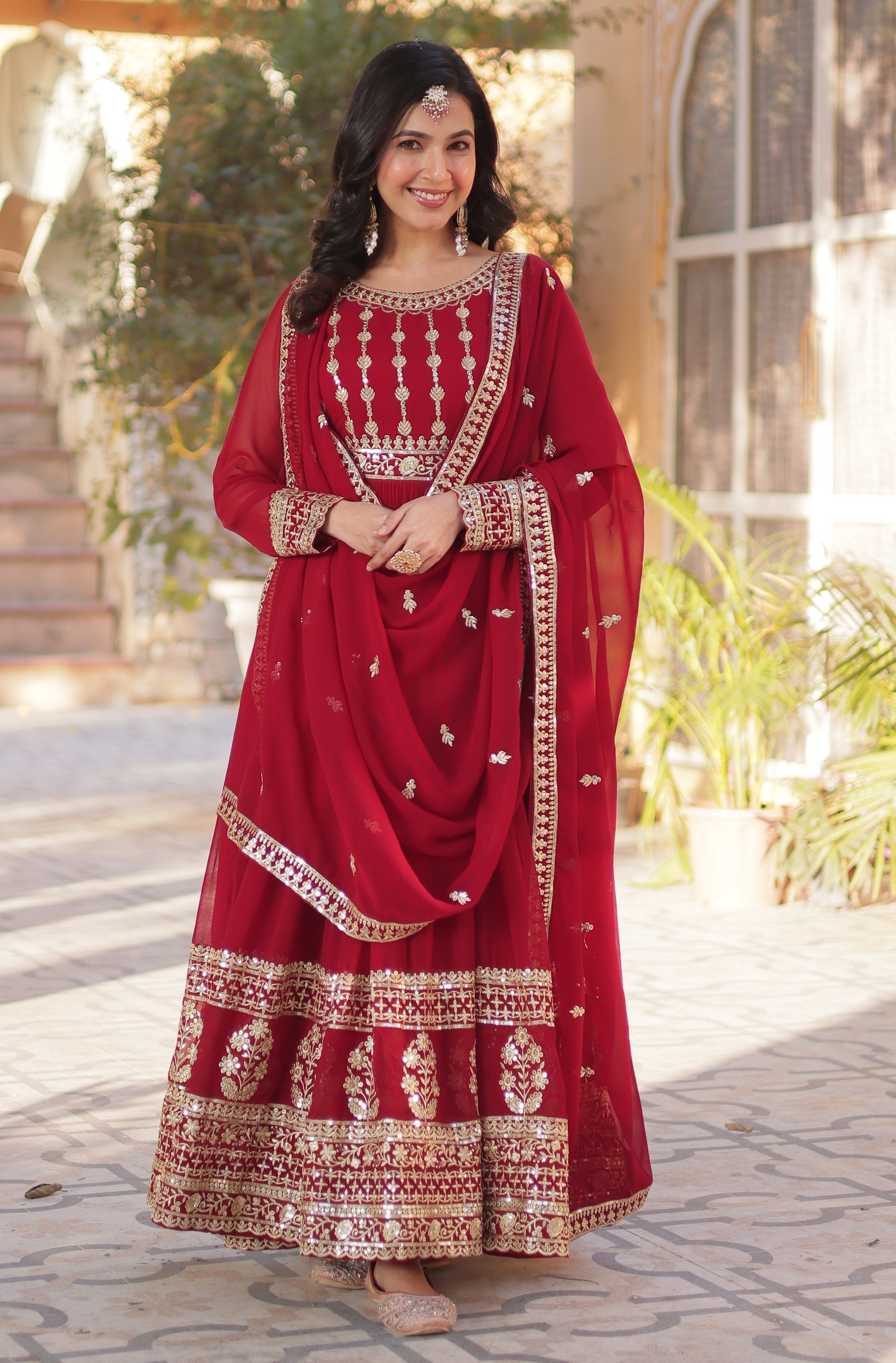 Vedant Vastram Heavy Embroidery & Sequins Work Pure Georgette Gown With Dupatta - Maroon | Grocsy