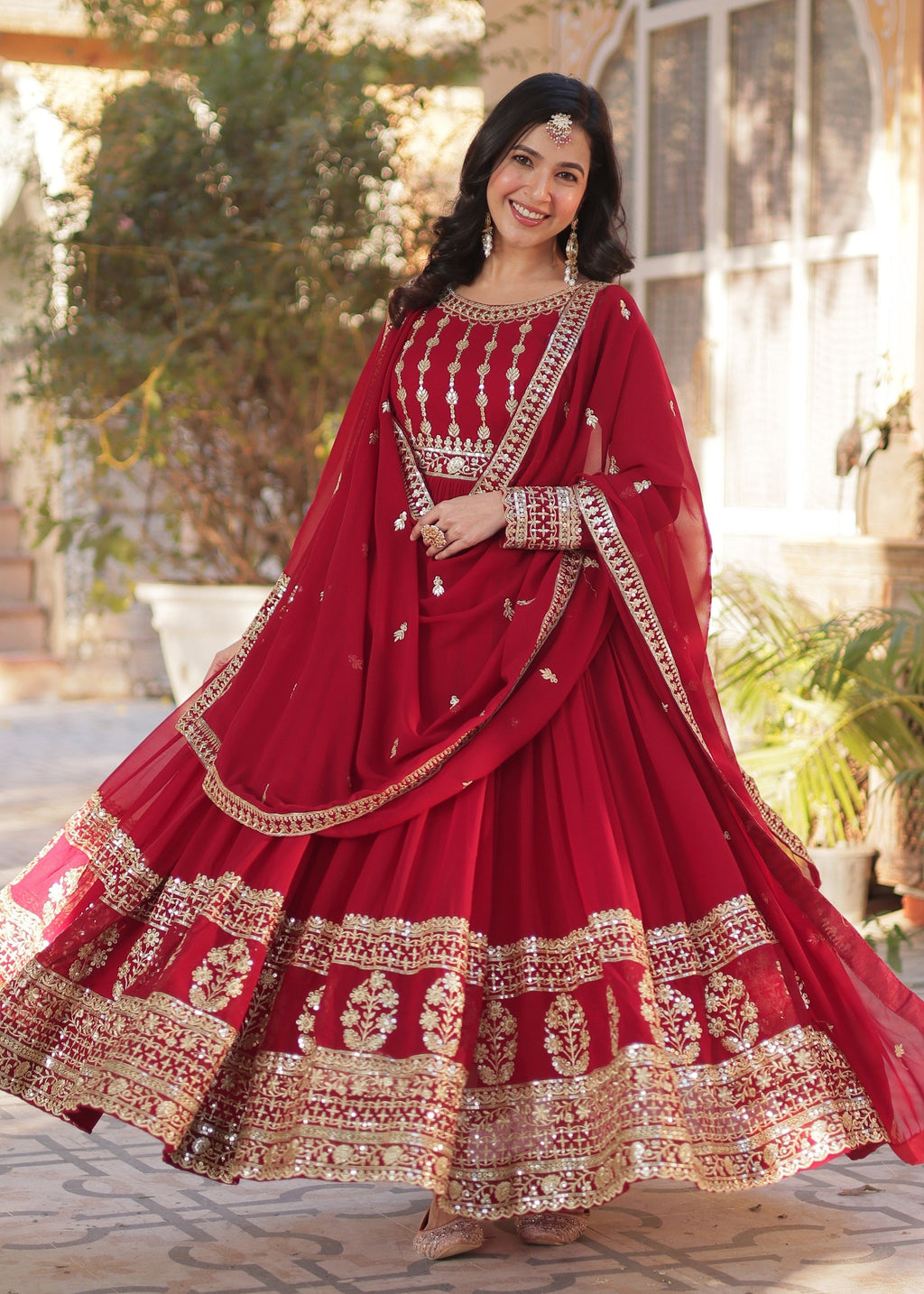 Vedant Vastram Heavy Embroidery & Sequins Work Pure Georgette Gown With Dupatta - Maroon | Grocsy