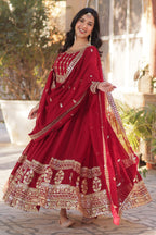 Vedant Vastram Heavy Embroidery & Sequins Work Pure Georgette Gown With Dupatta - Maroon | Grocsy