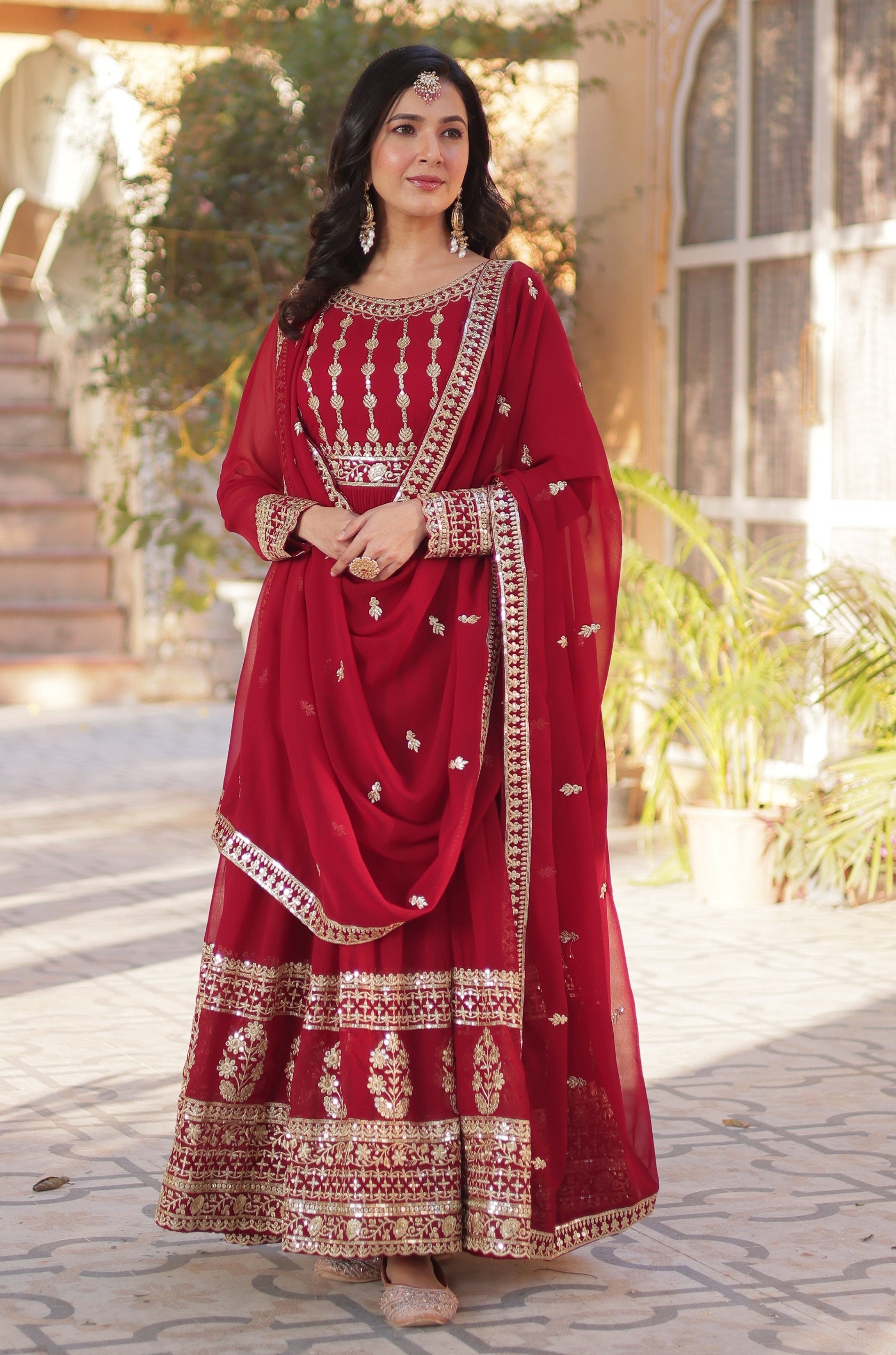 Vedant Vastram Heavy Embroidery & Sequins Work Pure Georgette Gown With Dupatta - Maroon | Grocsy