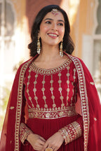 Vedant Vastram Heavy Embroidery & Sequins Work Pure Georgette Gown With Dupatta - Maroon | Grocsy