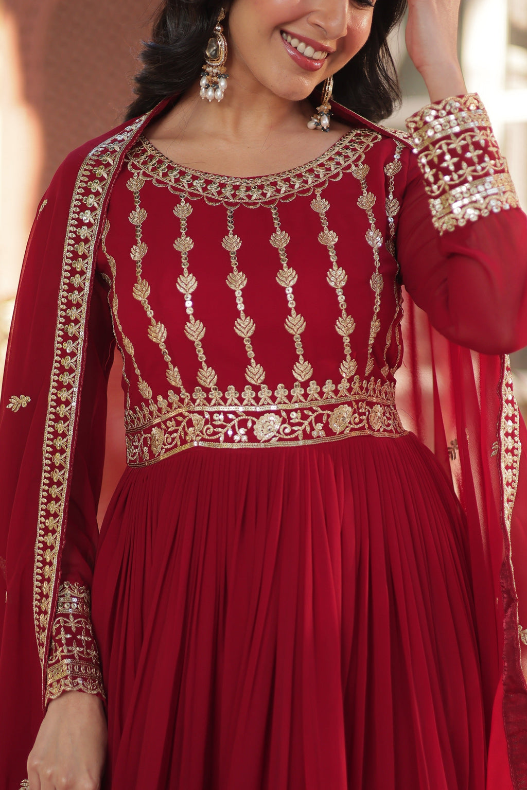 Vedant Vastram Heavy Embroidery & Sequins Work Pure Georgette Gown With Dupatta - Maroon | Grocsy