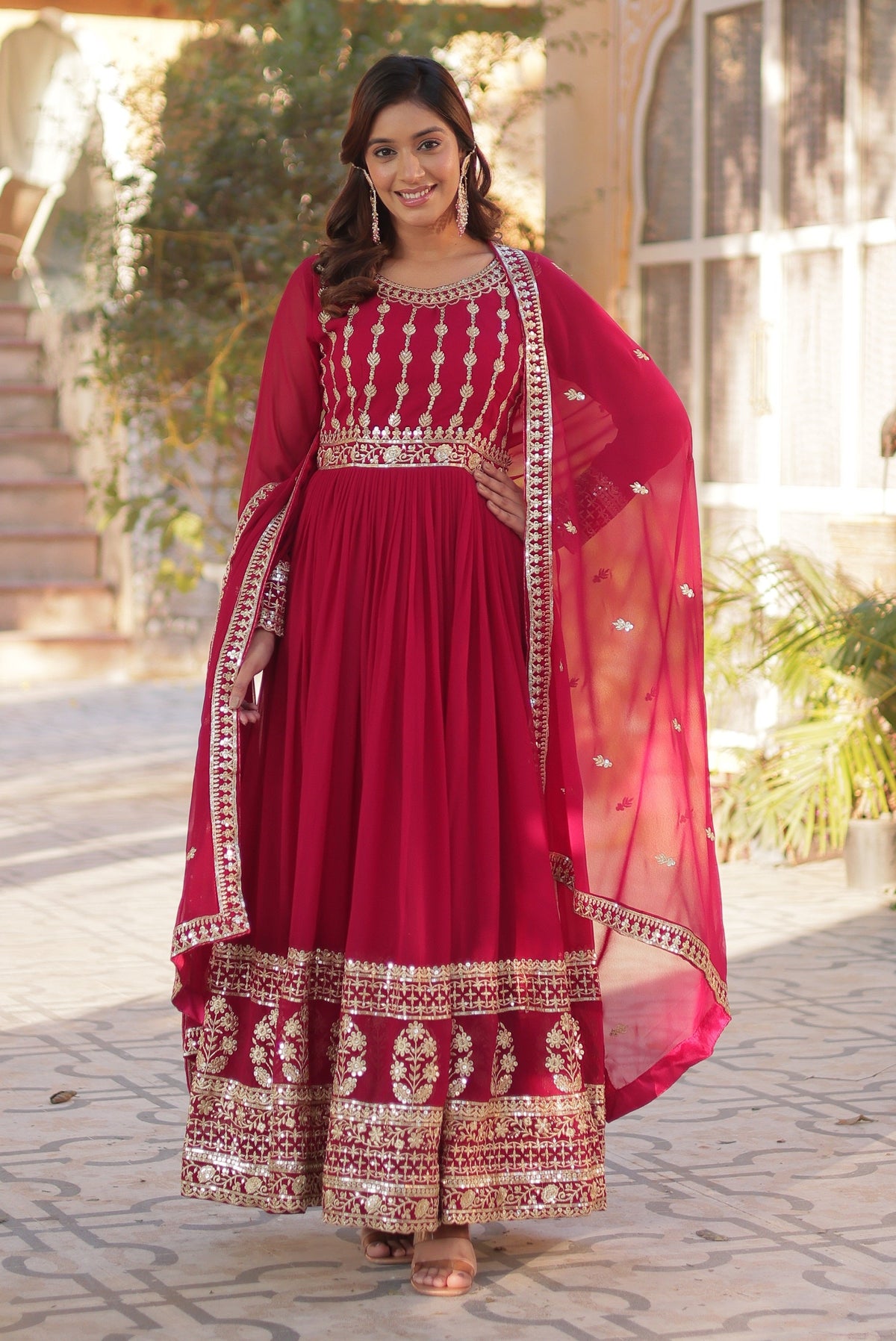 Vedant Vastram Heavy Embroidery & Sequins Work Pure Georgette Gown With Dupatta - Pink | Grocsy