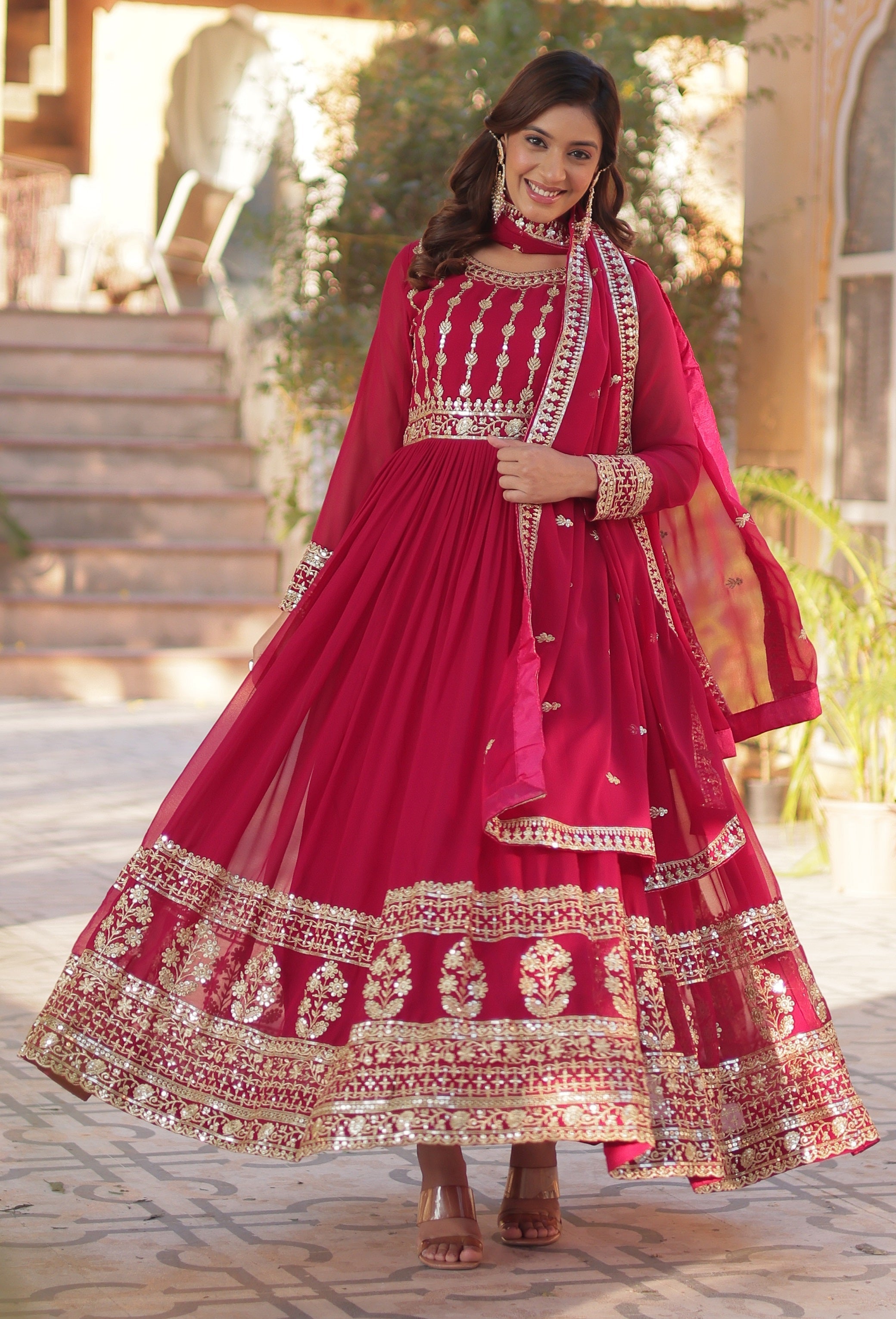 Vedant Vastram Heavy Embroidery & Sequins Work Pure Georgette Gown With Dupatta - Pink | Grocsy