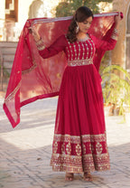 Vedant Vastram Heavy Embroidery & Sequins Work Pure Georgette Gown With Dupatta - Pink | Grocsy
