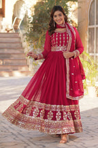 Vedant Vastram Heavy Embroidery & Sequins Work Pure Georgette Gown With Dupatta - Pink | Grocsy