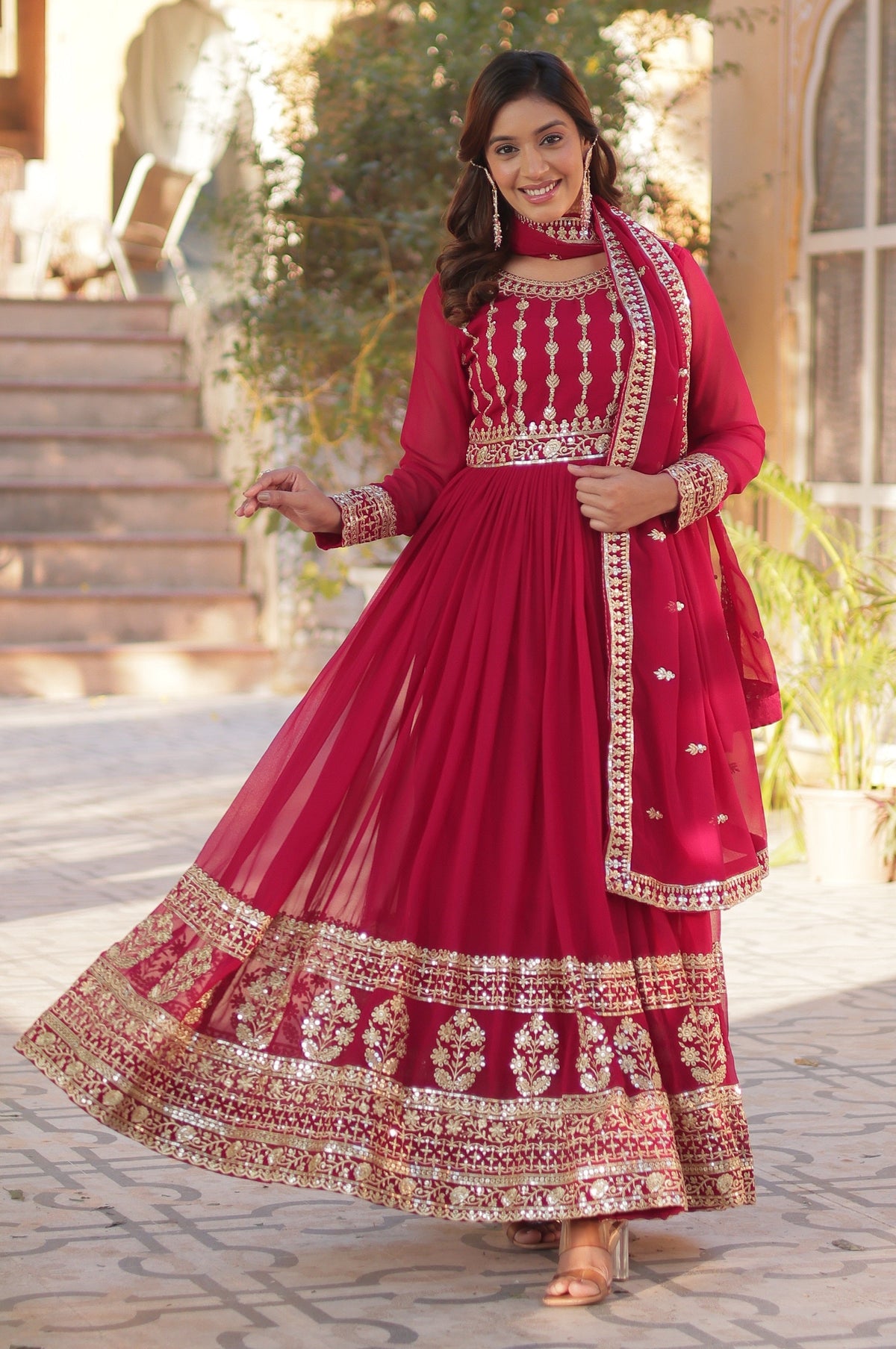 Vedant Vastram Heavy Embroidery & Sequins Work Pure Georgette Gown With Dupatta - Pink | Grocsy