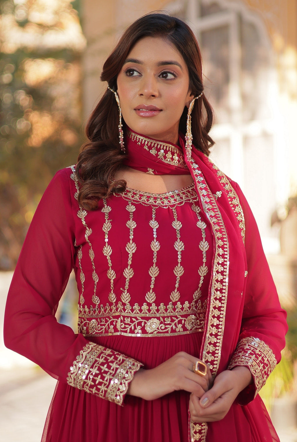 Vedant Vastram Heavy Embroidery & Sequins Work Pure Georgette Gown With Dupatta - Pink | Grocsy