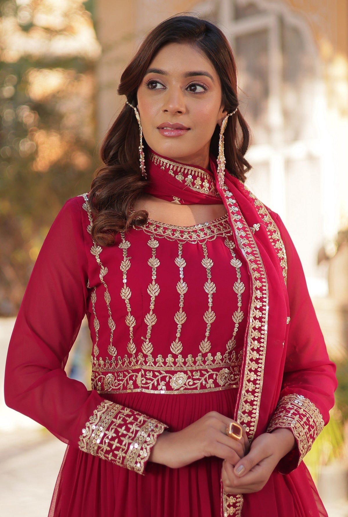 Vedant Vastram Heavy Embroidery & Sequins Work Pure Georgette Gown With Dupatta - Pink | Grocsy