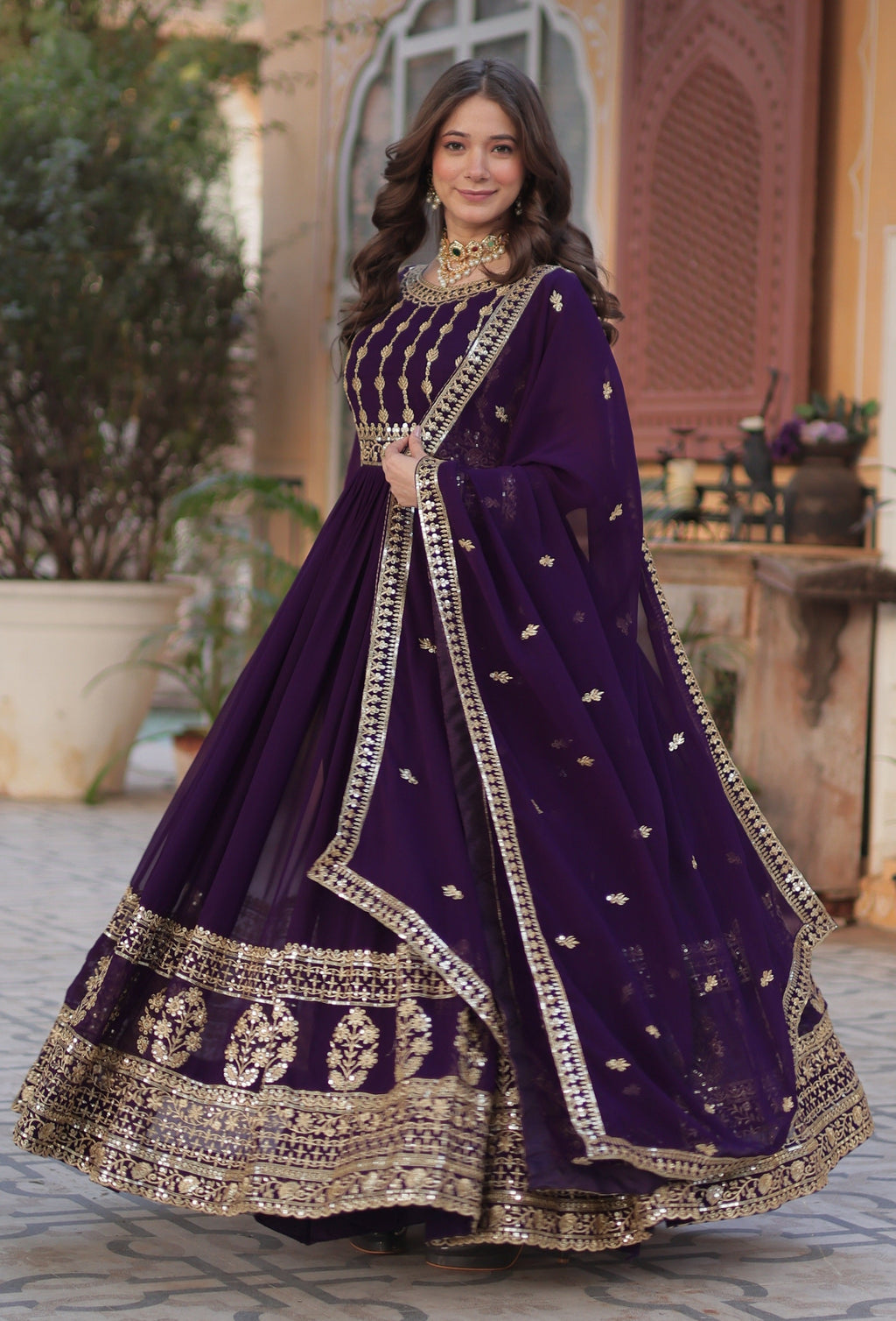 Vedant Vastram Heavy Embroidery & Sequins Work Pure Georgette Gown With Dupatta - Violet | Grocsy