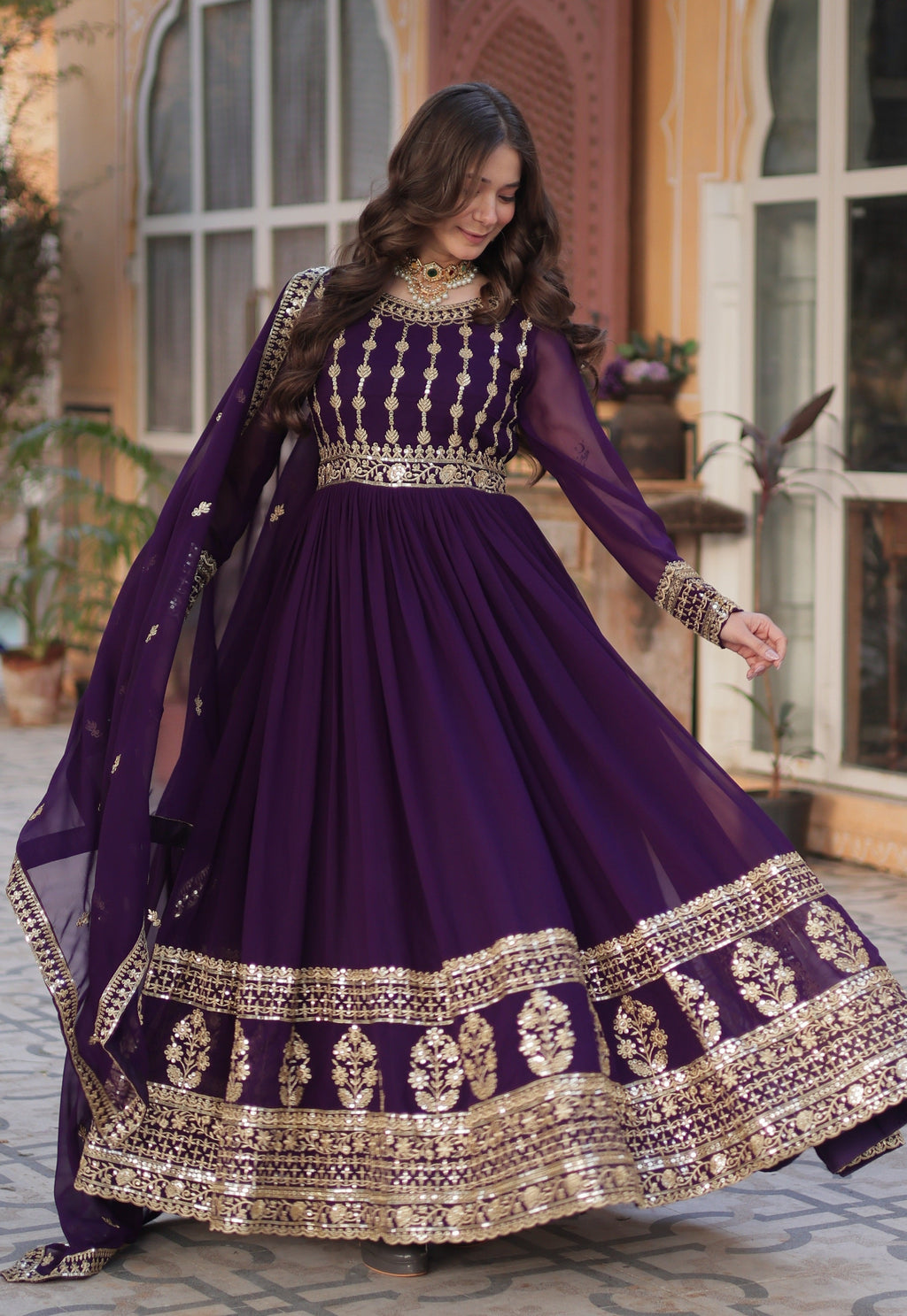 Vedant Vastram Heavy Embroidery & Sequins Work Pure Georgette Gown With Dupatta - Violet | Grocsy