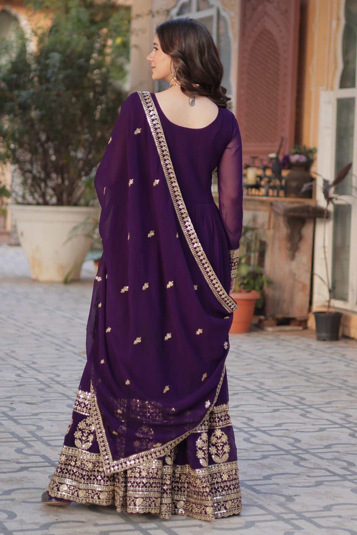 Vedant Vastram Heavy Embroidery & Sequins Work Pure Georgette Gown With Dupatta - Violet | Grocsy