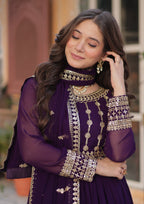 Vedant Vastram Heavy Embroidery & Sequins Work Pure Georgette Gown With Dupatta - Violet | Grocsy