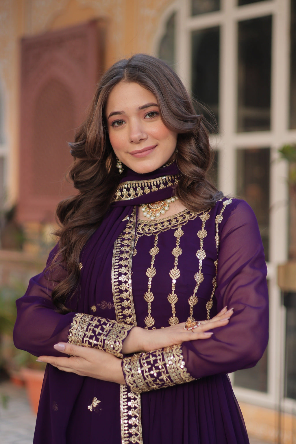 Vedant Vastram Heavy Embroidery & Sequins Work Pure Georgette Gown With Dupatta - Violet | Grocsy