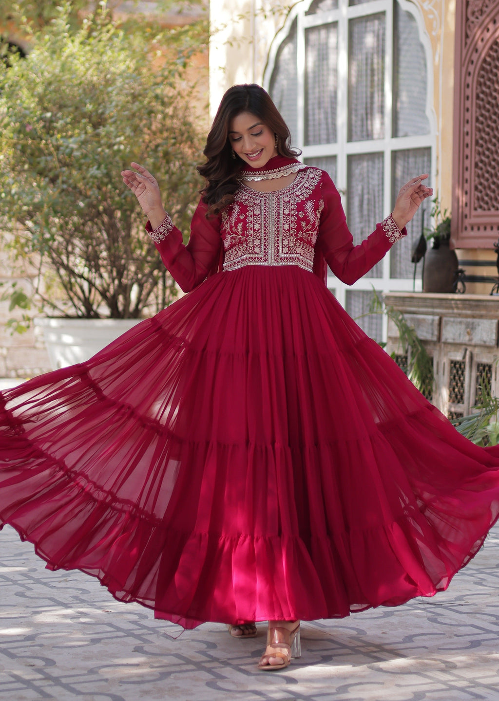 Vedant Vastram Heavy Embroidery & Sequins Work Pure Georgette Gown With Dupatta - Pink | Grocsy