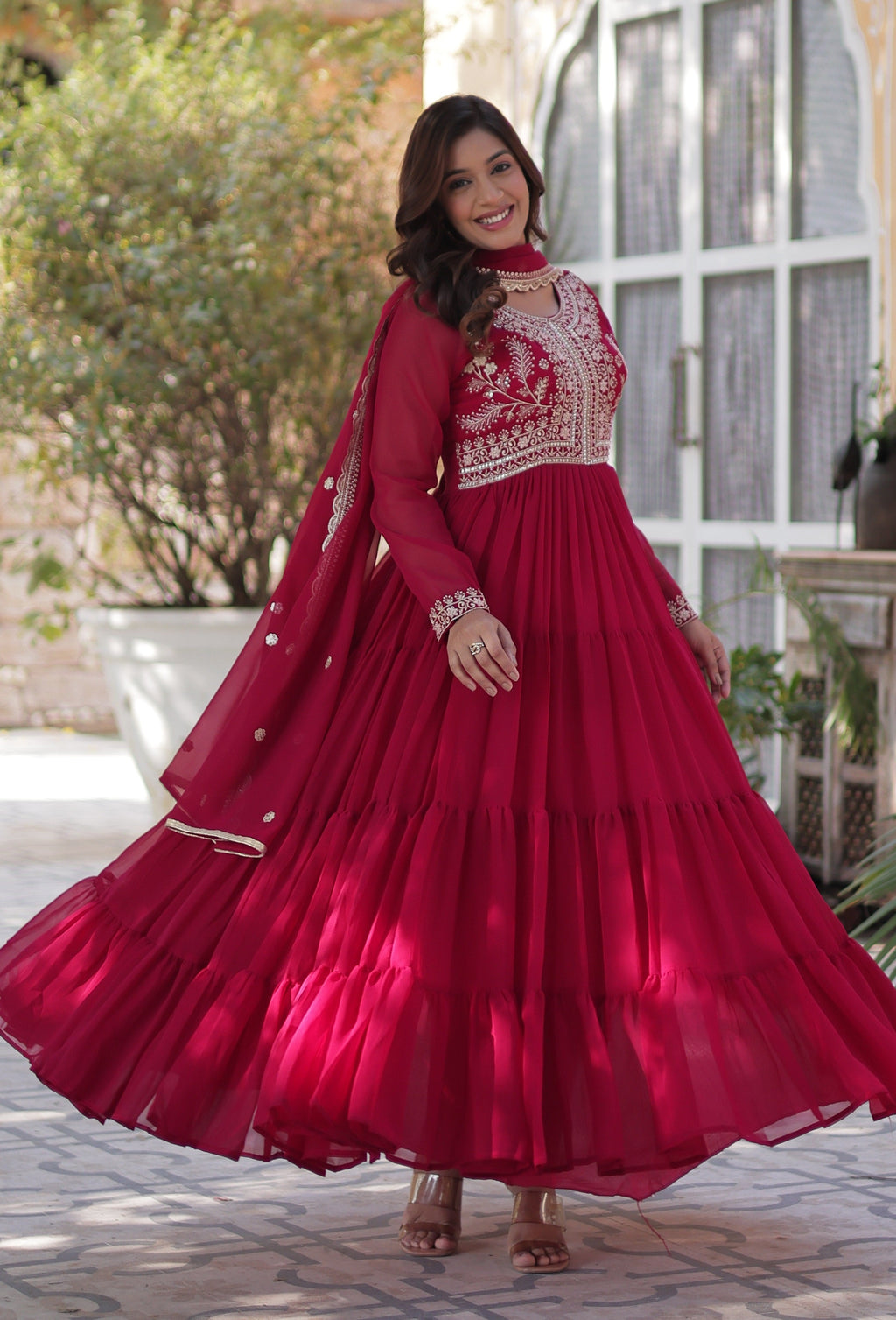 Vedant Vastram Heavy Embroidery & Sequins Work Pure Georgette Gown With Dupatta - Pink | Grocsy