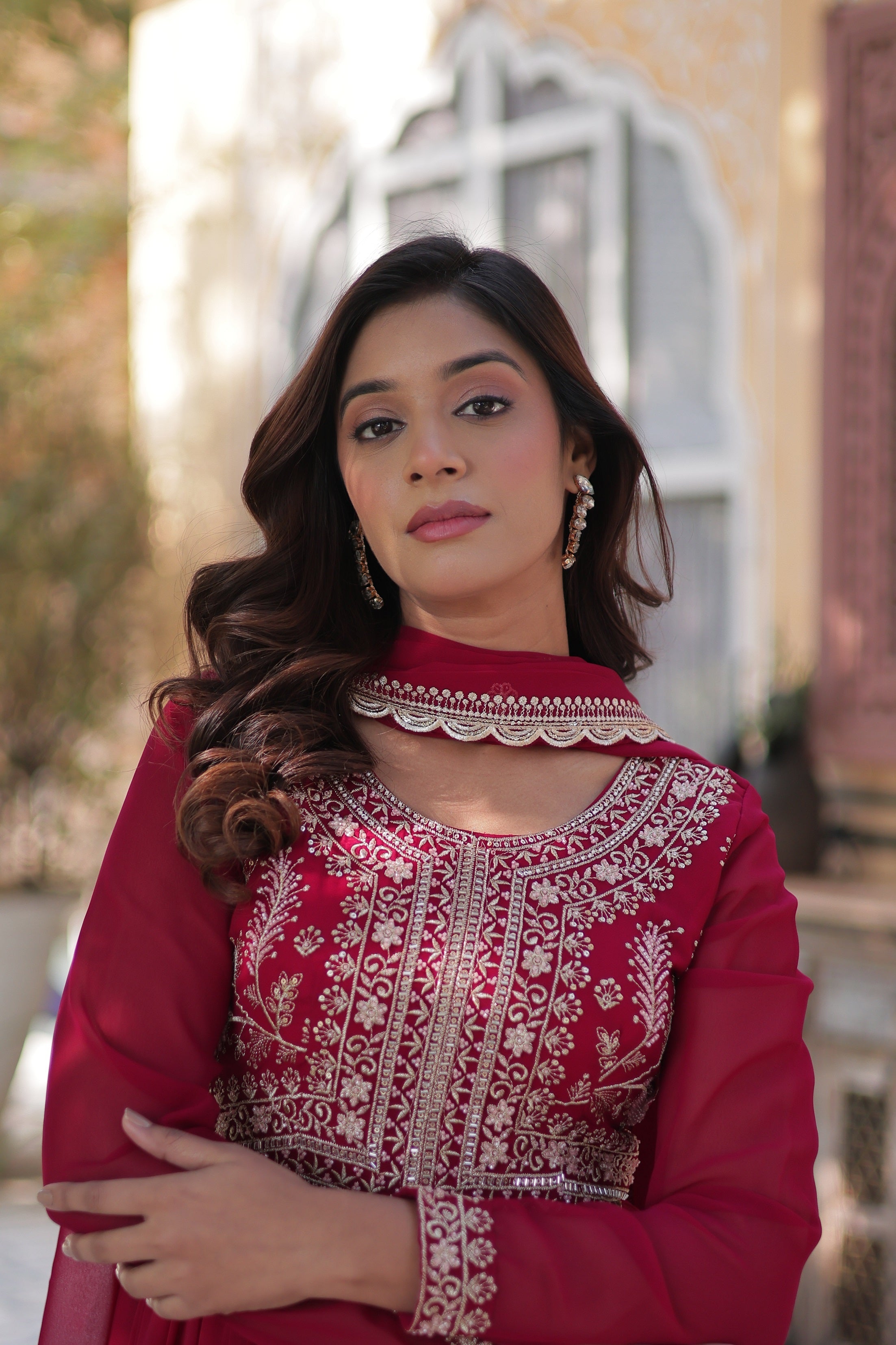 Vedant Vastram Heavy Embroidery & Sequins Work Pure Georgette Gown With Dupatta - Pink | Grocsy