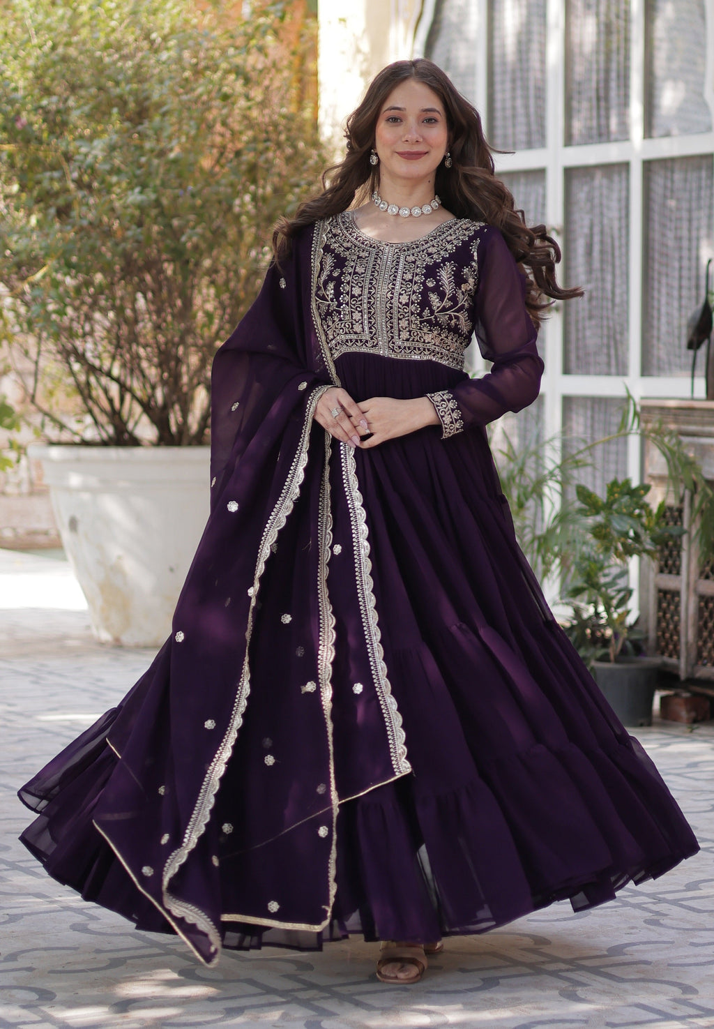 Vedant Vastram Heavy Embroidery & Sequins Work Pure Georgette Gown With Dupatta - Violet | Grocsy